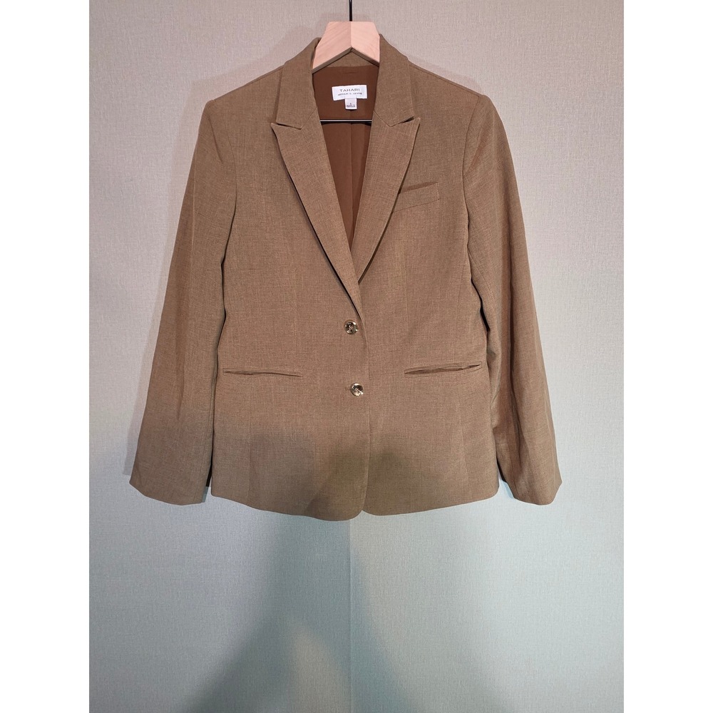 Tahari Arthur S Levine Womens‎ Tan Two Button Blazer Jacket Size 8 Camel Pro.